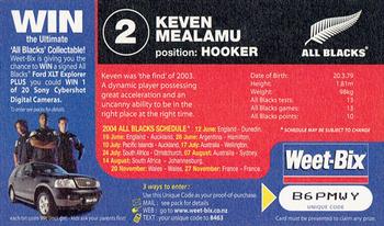 2004 Weet-Bix All Blacks Collector Series #2 Kevin Mealamu Back